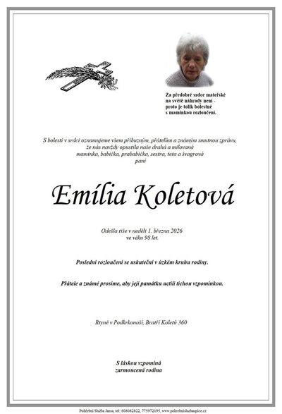 Smuteční oznámení – Emílie Koletová