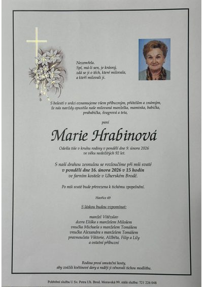 Smuteční oznámení – Marie Hrabinová