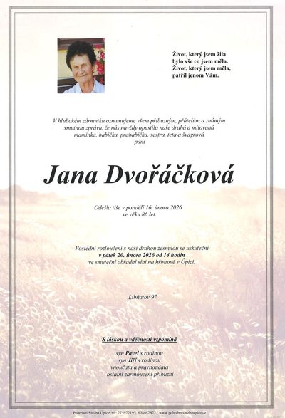 Smuteční oznámení – Jana Dvořáčková