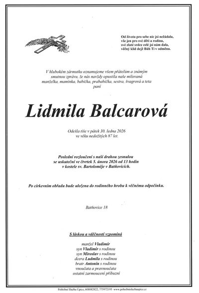 Smuteční oznámení – Lidmila Balcarová