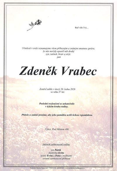 Smuteční oznámení – Zdeněk Vrabec