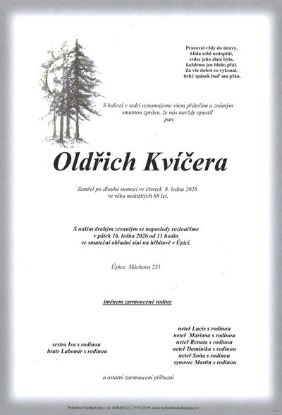 Smuteční oznámení – Oldřich Kvíčera