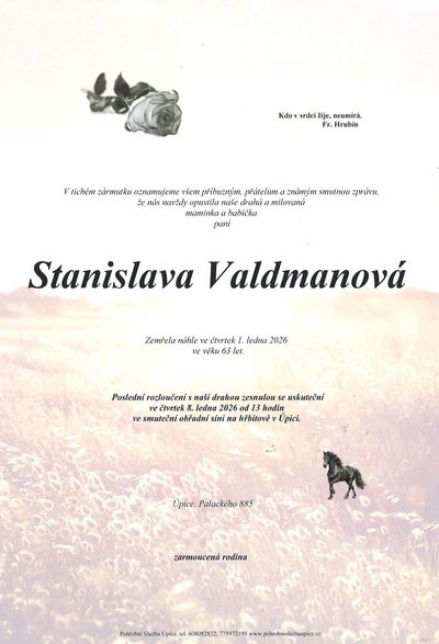 Smuteční oznámení – Stanislava Valdmanová