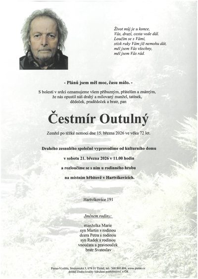 Smuteční oznámení – Čestmír Outulný
