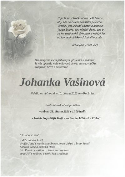 Smuteční oznámení – Johana Vašinová