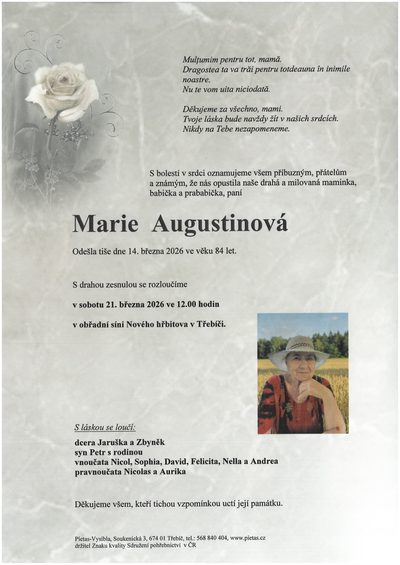Smuteční oznámení – Marie Augustinová