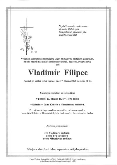 Smuteční oznámení – Vladimír Filipec