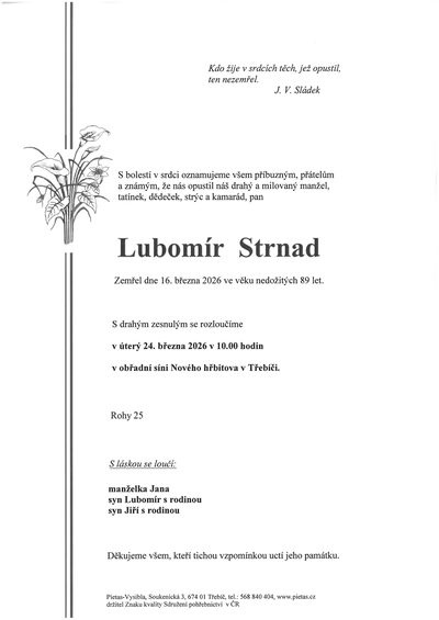 Smuteční oznámení – Lubomír Strnad