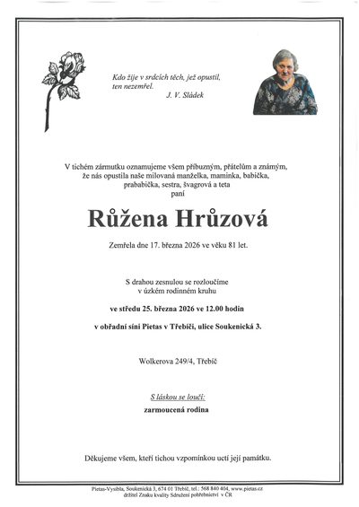 Smuteční oznámení – Růžena Hrůzová
