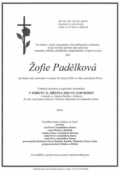 Smuteční oznámení – Žofie Padělková