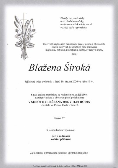 Smuteční oznámení – Blažena Široká