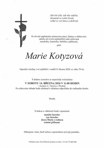 Smuteční oznámení – Marie Kotyzová
