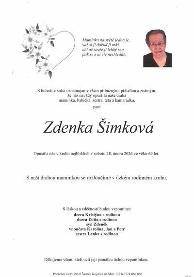 Smuteční oznámení – Zdenka Šimková