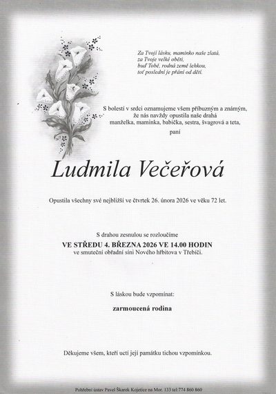 Smuteční oznámení – Ludmila Večeřová