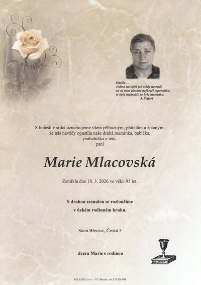 Smuteční oznámení – Marie Mlacovská