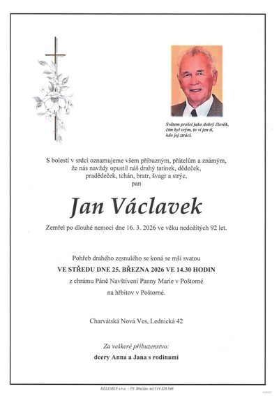 Smuteční oznámení – Jan Václavek