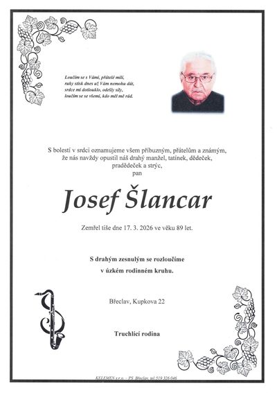 Smuteční oznámení – Josef Šlancar