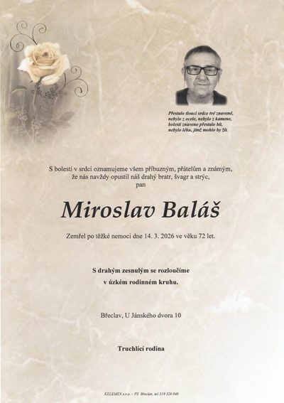 Smuteční oznámení – Miroslav Baláš