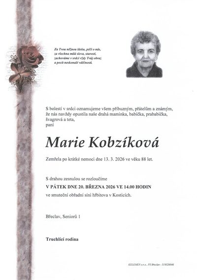 Smuteční oznámení – Marie Kobzíková