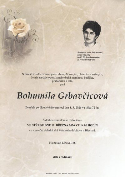 Smuteční oznámení – Bohumila Grbavčicová