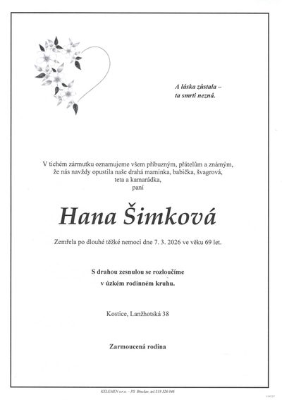 Smuteční oznámení – Hana Simková
