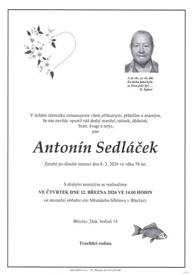Smuteční oznámení – Antonín Sedláček