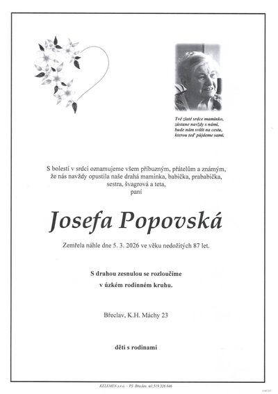Smuteční oznámení – Josefa Popovská