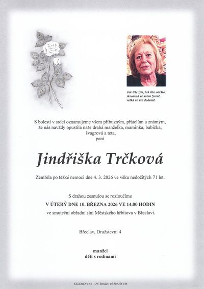 Smuteční oznámení – Jindřiška Trčková
