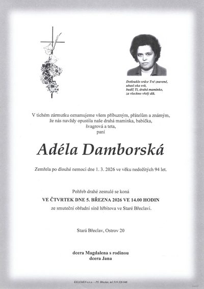 Smuteční oznámení – Adéla Damborská