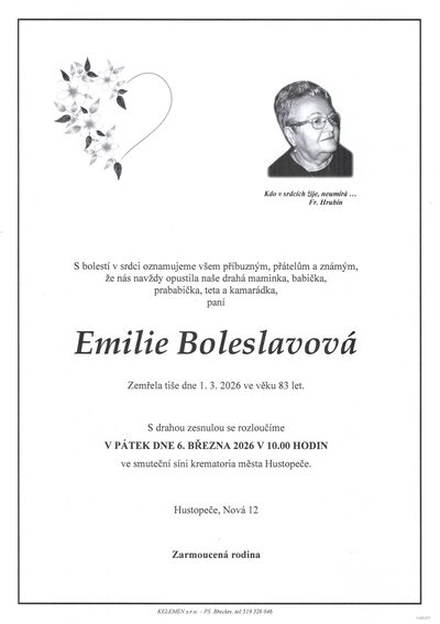Smuteční oznámení – Emilie Boleslavová