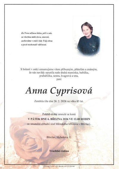 Smuteční oznámení – Anna Cyprisová