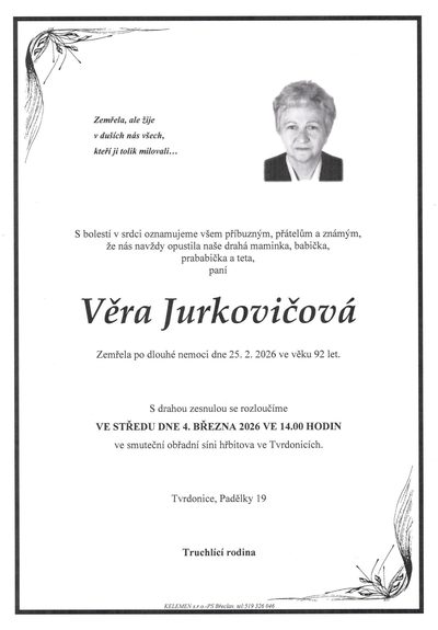 Smuteční oznámení – Věra Jurkovičová