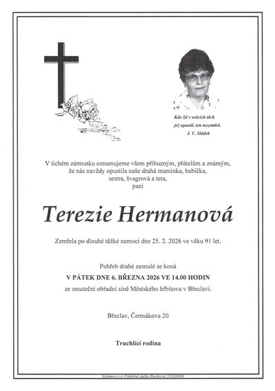 Smuteční oznámení – Terezie Hermanová