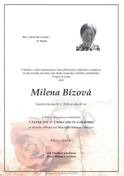 Smuteční oznámení – Milena Bízová