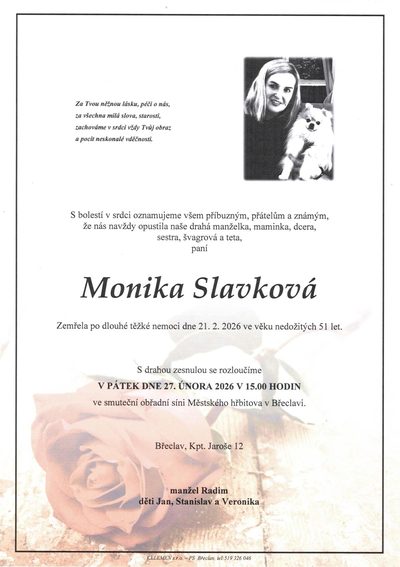 Smuteční oznámení – Monika Slavková