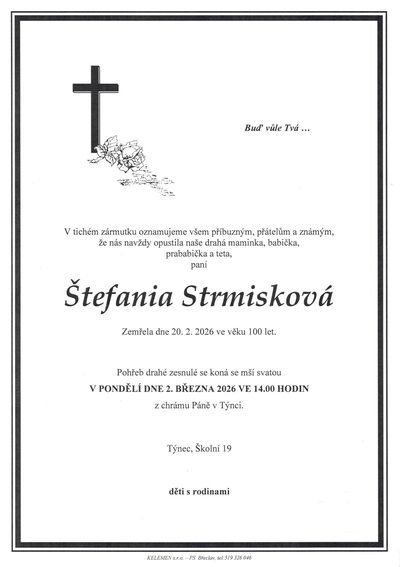 Smuteční oznámení – Štefania Strmisková