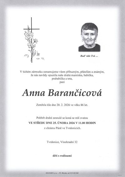 Smuteční oznámení – Anna Barančicová