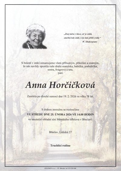 Smuteční oznámení – Anna Horčičková