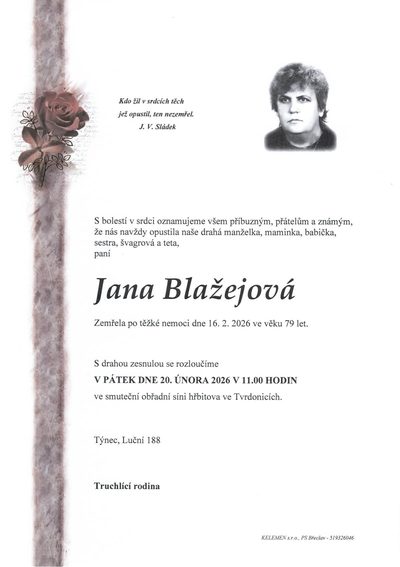 Smuteční oznámení – Jana Blažejová