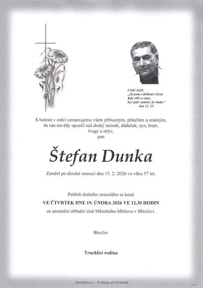 Smuteční oznámení – Štefan Dunka