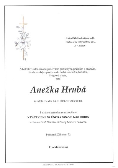 Smuteční oznámení – Anežka Hrubá