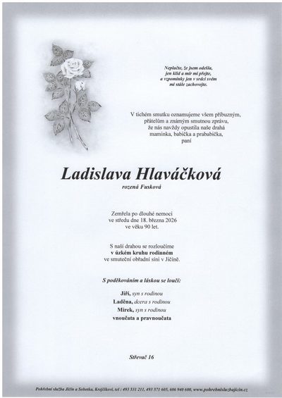 Smuteční oznámení – Ladislava Hlaváčková
