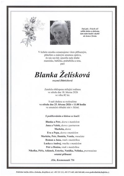 Smuteční oznámení – Blanka Želísková