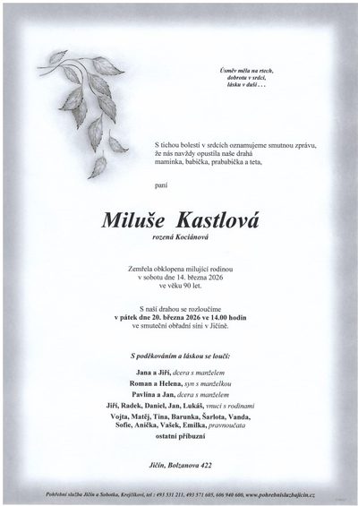 Smuteční oznámení – Miluše Kastlová