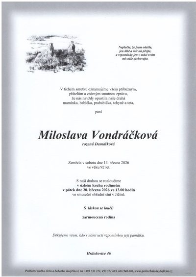 Smuteční oznámení – Miloslava Vondráčková