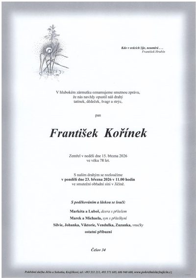Smuteční oznámení – František Kořínek