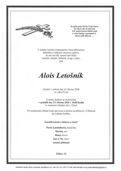 Smuteční oznámení – Alois Letošník