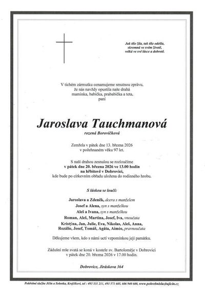 Smuteční oznámení – Jaroslava Tauchmanová
