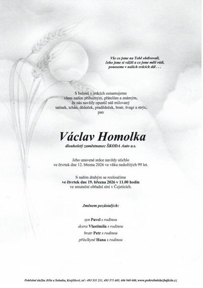 Smuteční oznámení – Václav Homolka