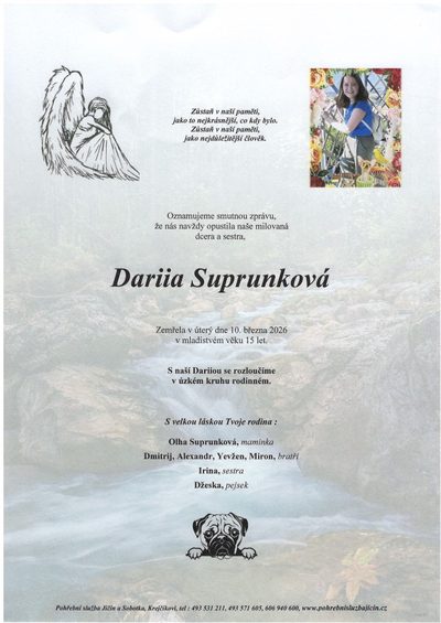 Smuteční oznámení – Dariia Suprunková